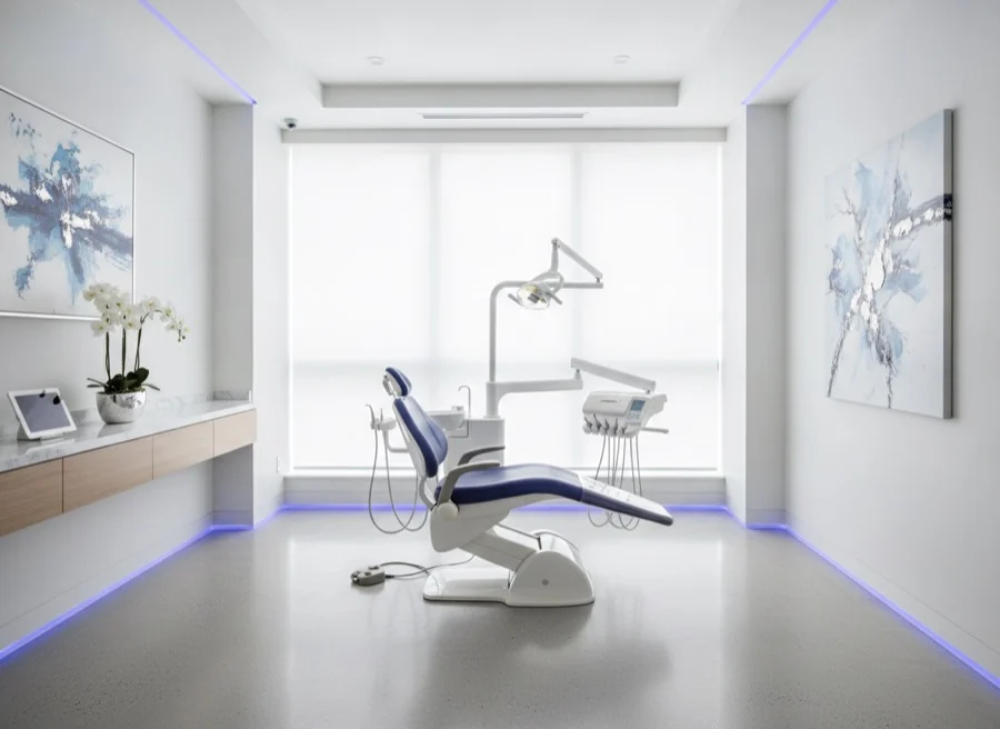 Modern, bright dental operatory with an indigo-accented treatment chair