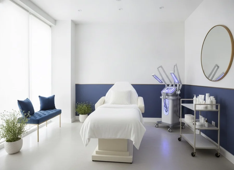 Clean dermatology treatment room with skincare devices and indigo accents